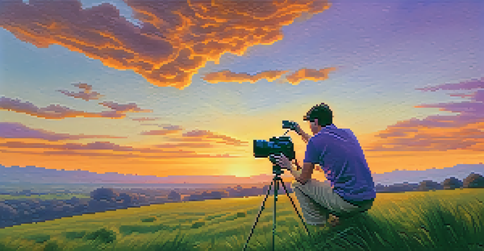 A filmmaker setting up a camera at sunset in a lush green landscape, with vibrant orange and purple sky.
