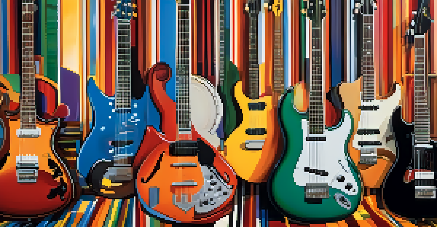 An abstract mural depicting the fusion of various musical genres with vibrant colors and instruments.