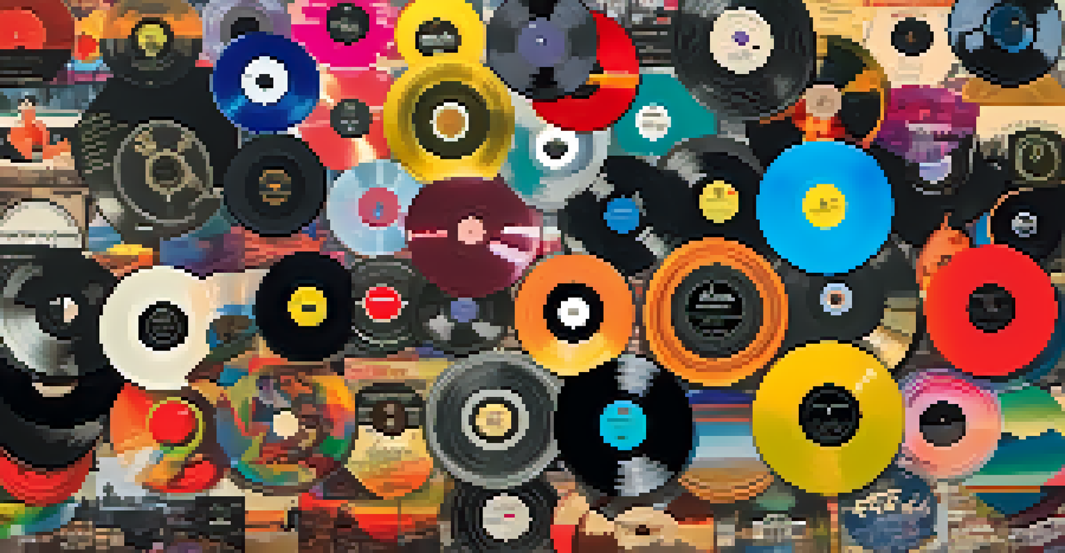 A vibrant collage of vinyl records representing different music genres with colorful background.