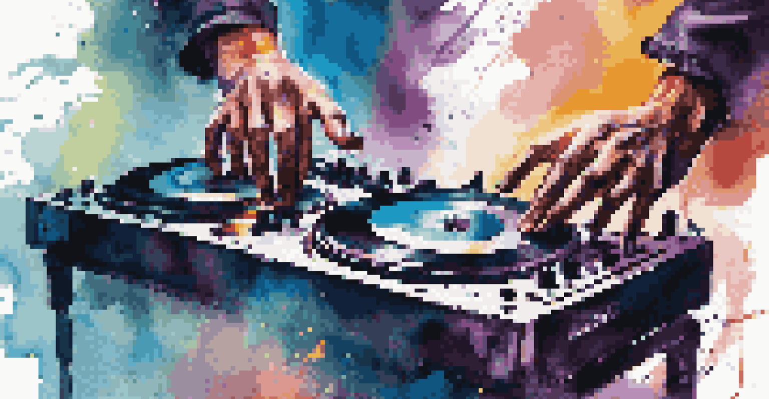A DJ's hands on a mixer with vinyl records and colorful sound waves in the background.