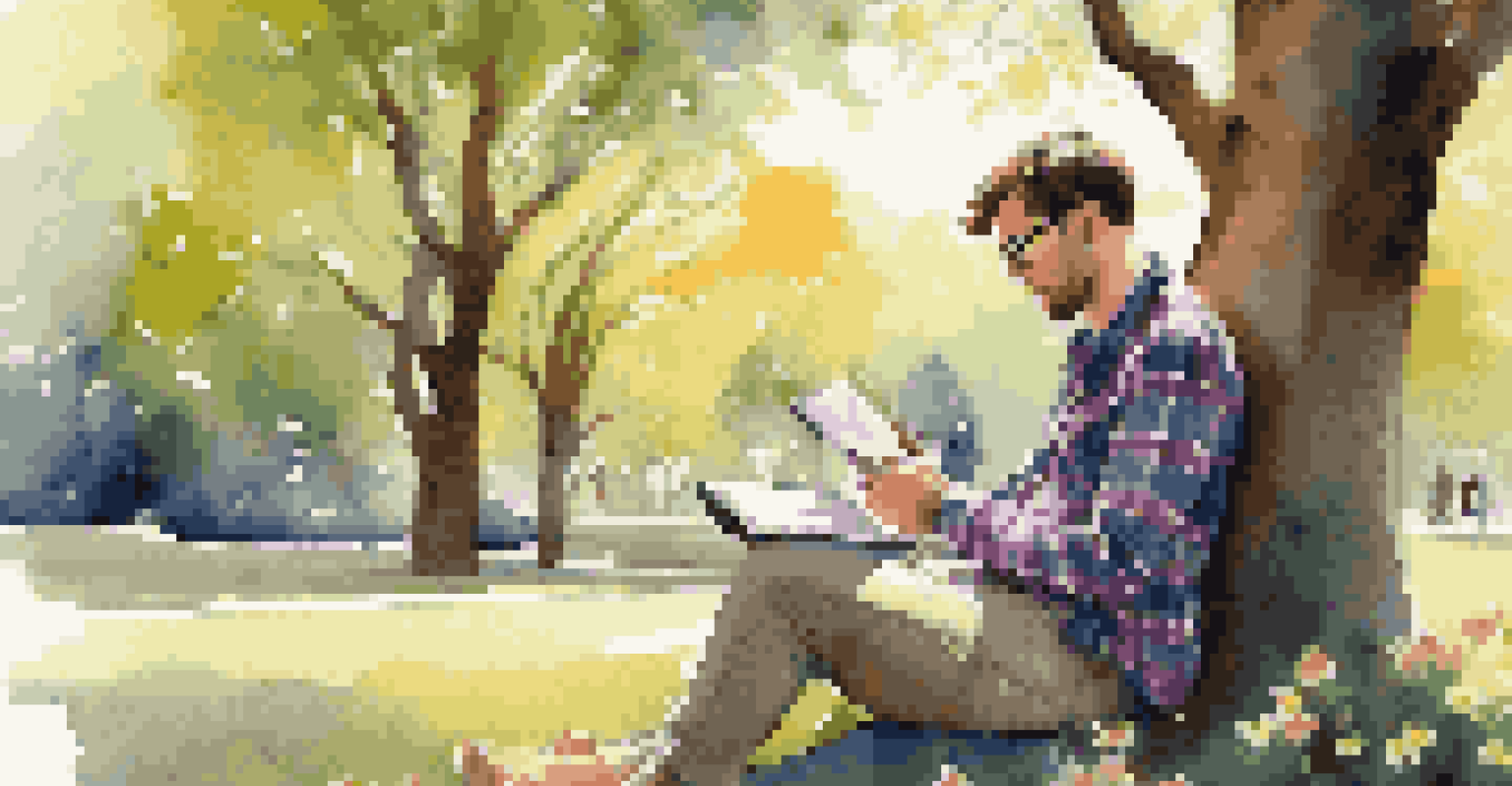 A songwriter in a park writing lyrics on a notepad, surrounded by colorful flowers and sunlit trees.