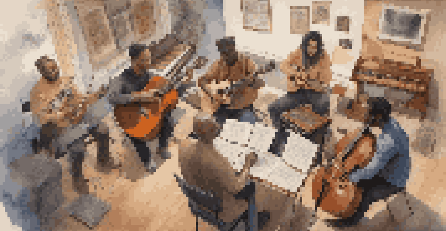 A diverse group of musicians collaborating in a studio with instruments and sheet music.