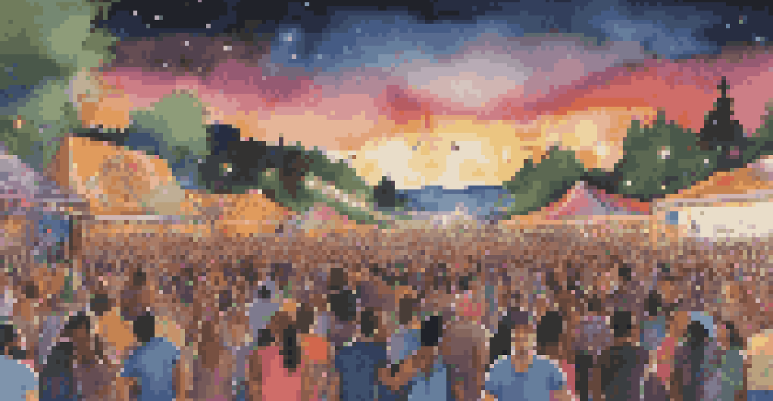 A panoramic view of a lively music festival at night, showcasing a diverse crowd enjoying performances under colorful stage lights.