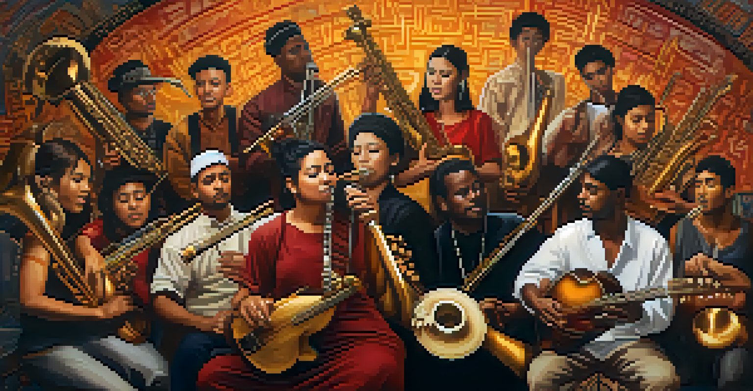 A diverse group of musicians playing traditional instruments, surrounded by swirling musical notes, representing global musical traditions.