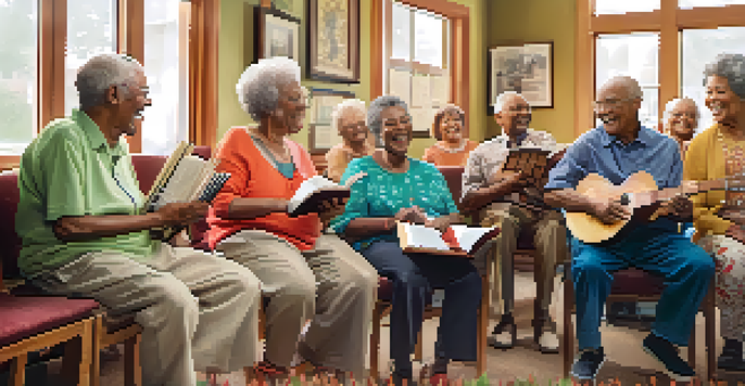 A diverse group of seniors enjoying a joyful singing session in a community center, surrounded by colorful decorations and musical instruments.