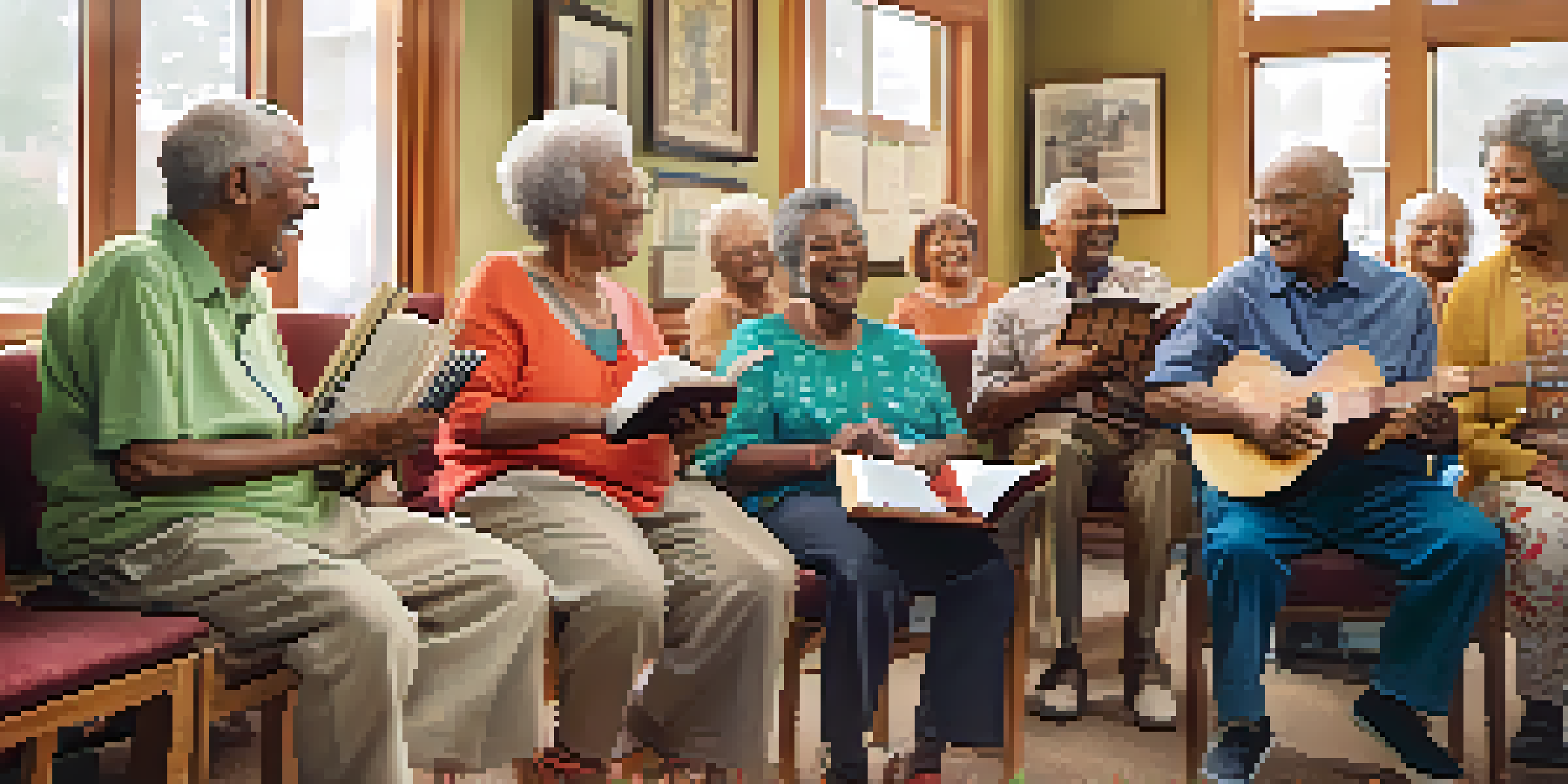 A diverse group of seniors enjoying a joyful singing session in a community center, surrounded by colorful decorations and musical instruments.