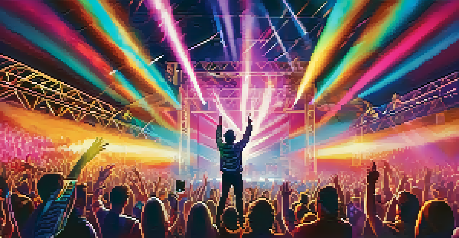 A vibrant concert scene with a Latin pop artist performing on stage, surrounded by an engaged audience and colorful lights.