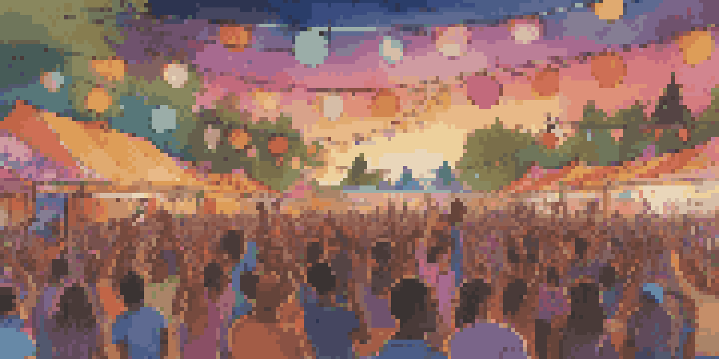 A lively music festival at sunset with a diverse crowd enjoying performances, colorful lights, and banners promoting equality.