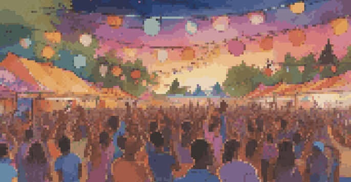 A lively music festival at sunset with a diverse crowd enjoying performances, colorful lights, and banners promoting equality.