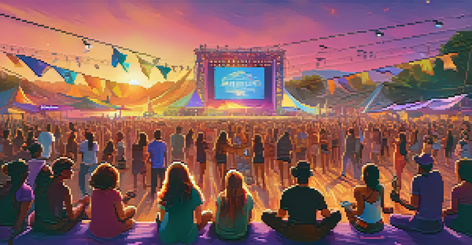 A colorful music festival at sunset with a diverse crowd enjoying performances, featuring banners for climate awareness and a vibrant sky.