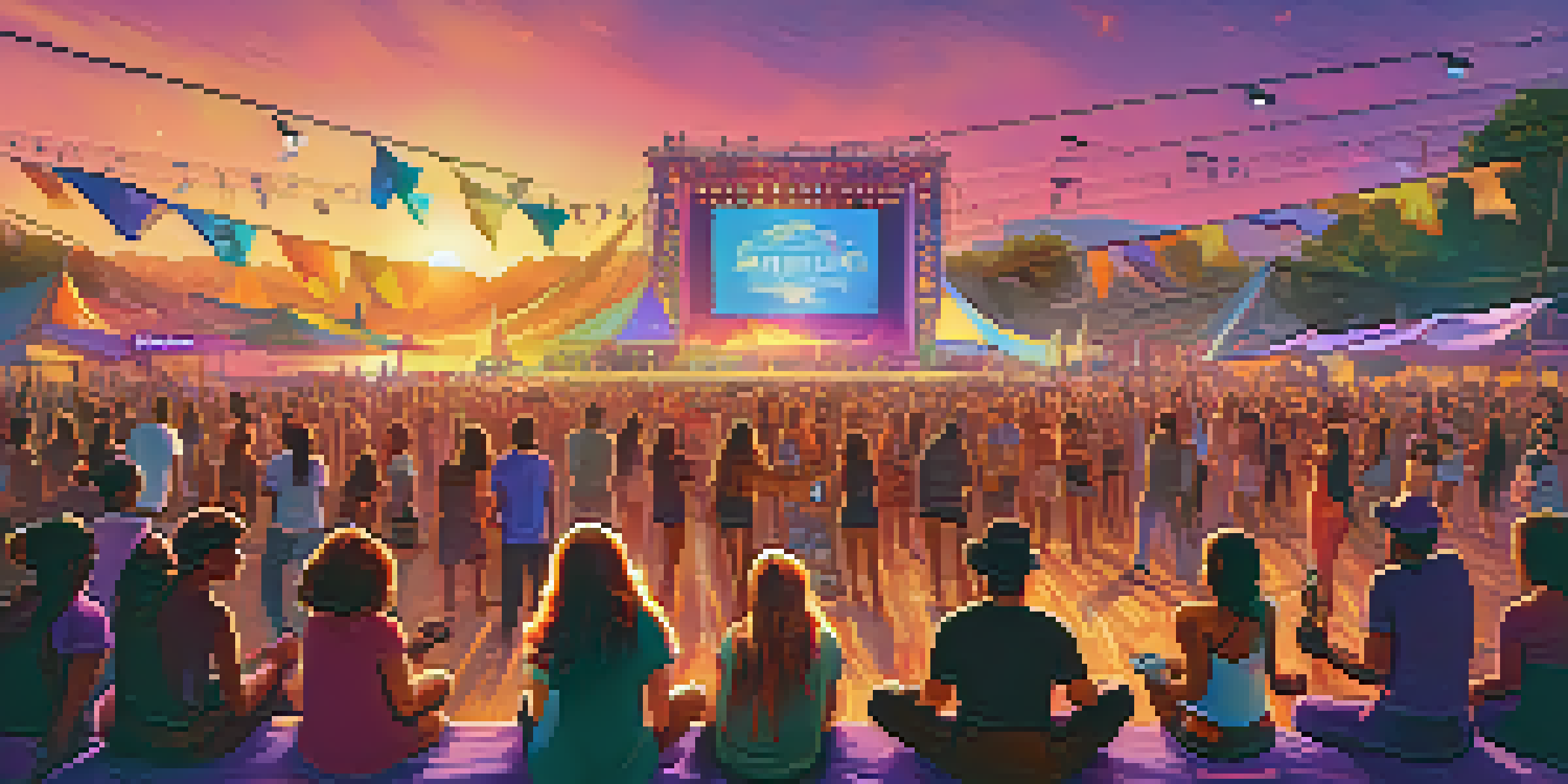 A colorful music festival at sunset with a diverse crowd enjoying performances, featuring banners for climate awareness and a vibrant sky.
