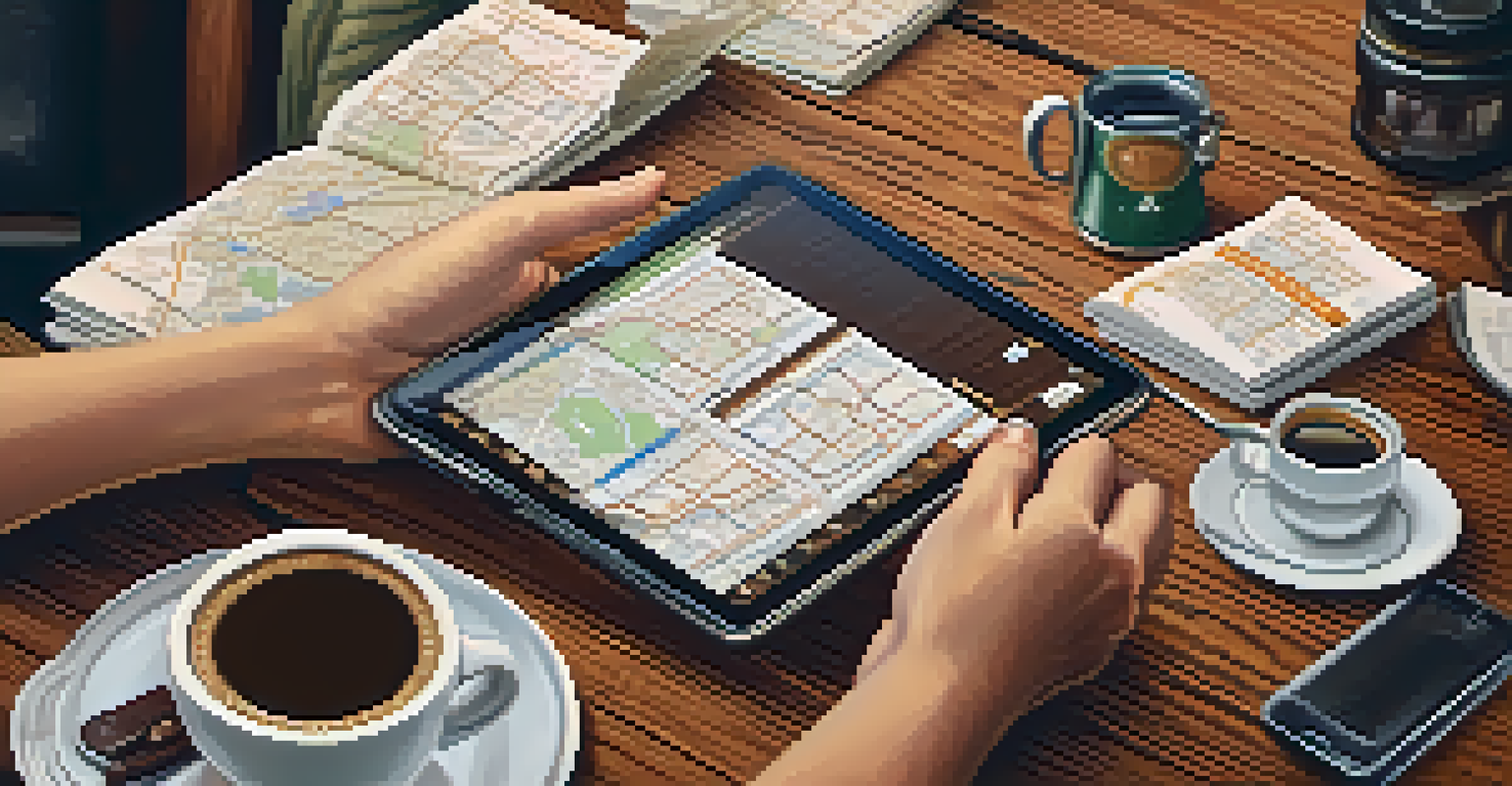 A close-up of hands organizing a tour itinerary in a café, with travel essentials like a map and smartphone.