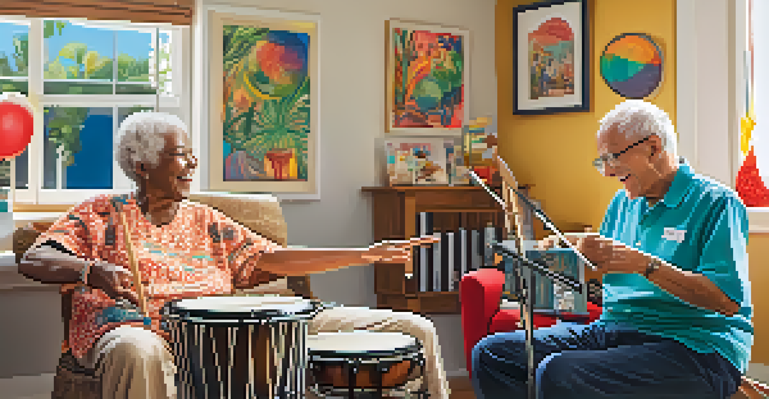 A music therapist and an elderly patient engaging in a joyful sing-along in a colorful room.