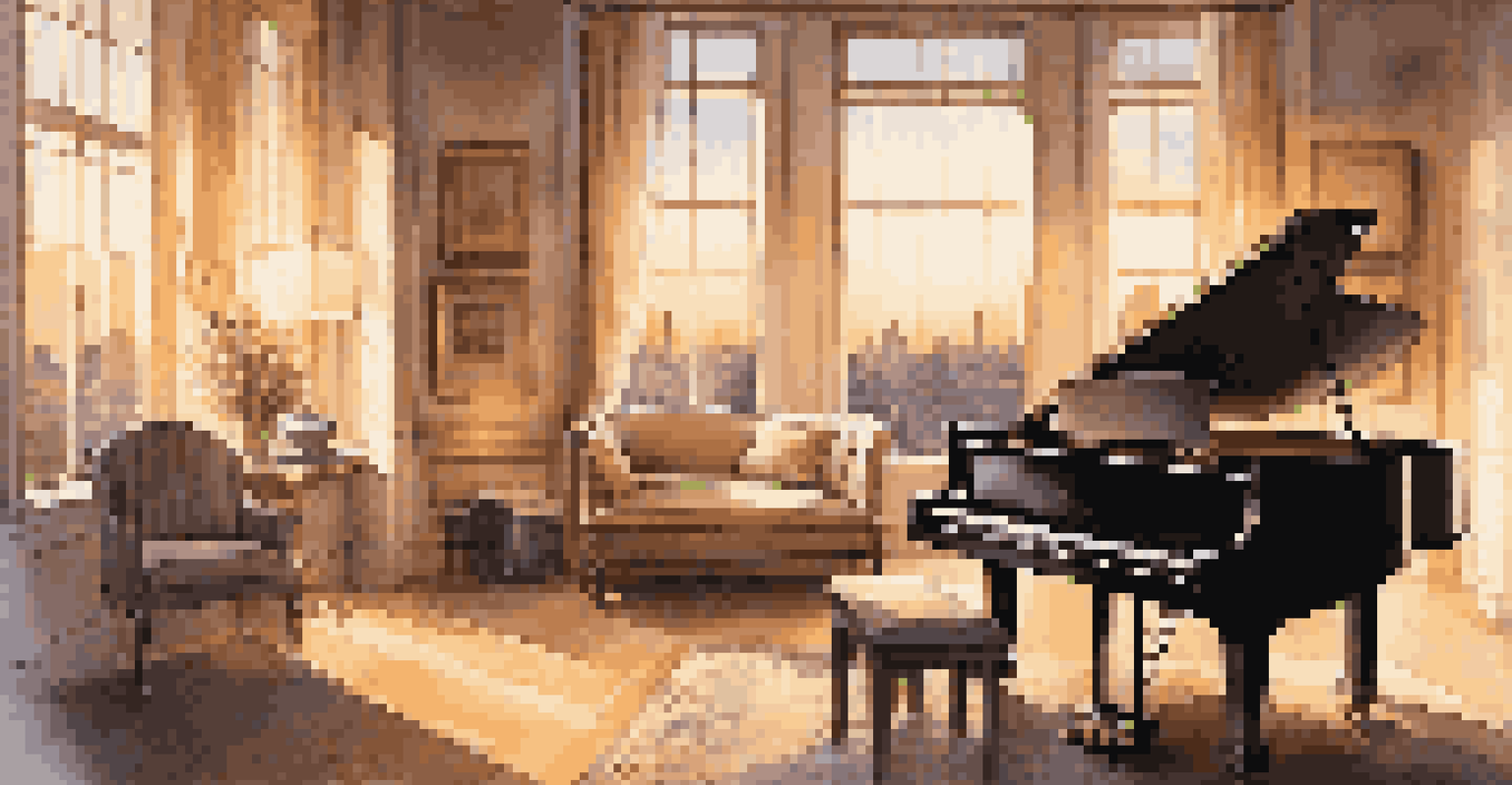 An elegant music studio with a grand piano, scattered sheet music, and a sunset city skyline visible through the window.