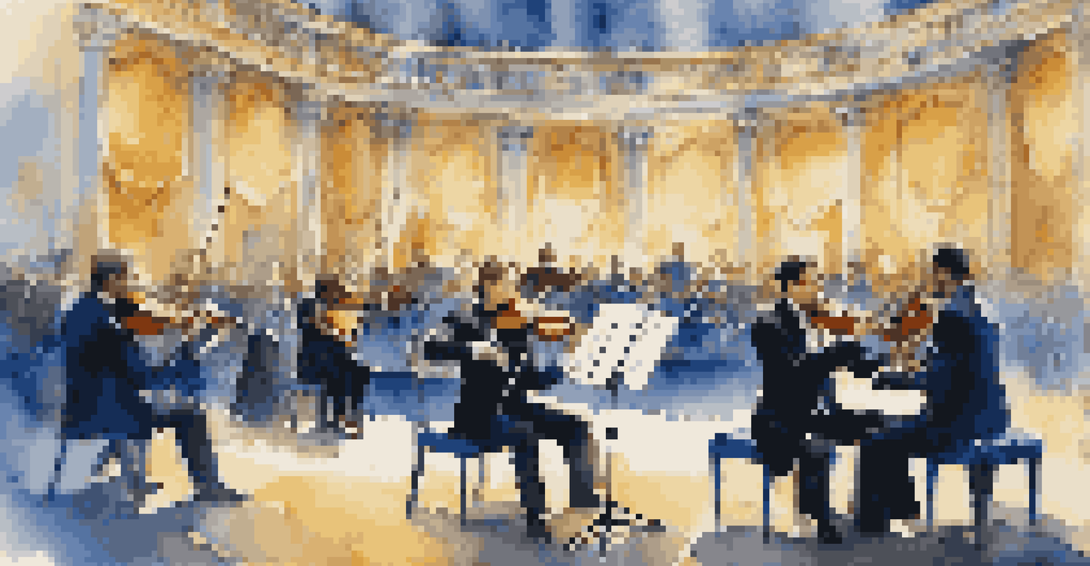 A diverse group of musicians performing on stage with blue and gold lighting, showcasing their instruments and expressions, while an engaged audience watches.
