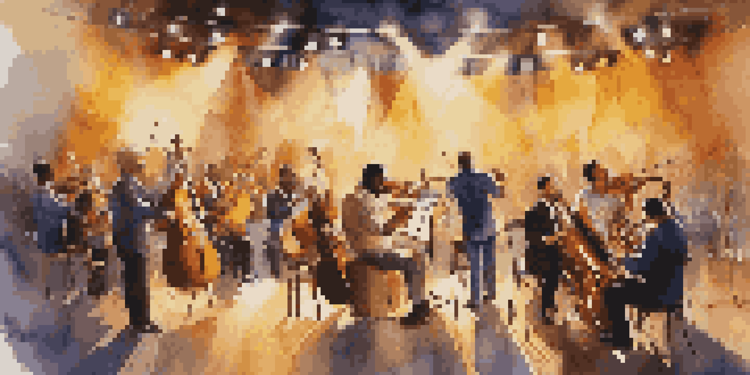 A diverse group of musicians performing on stage, illuminated by warm lights, with an engaged audience in the background.