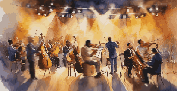 A diverse group of musicians performing on stage, illuminated by warm lights, with an engaged audience in the background.