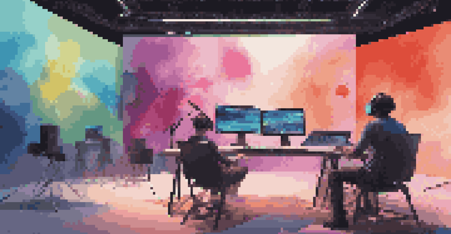 An artist and a visual designer collaborating in a digital studio, surrounded by vibrant screens and technology, working on backdrops for a virtual concert.
