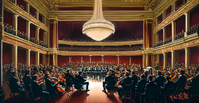 An orchestra performing in a grand concert hall with warm lighting, showcasing musicians in formal attire playing various instruments.