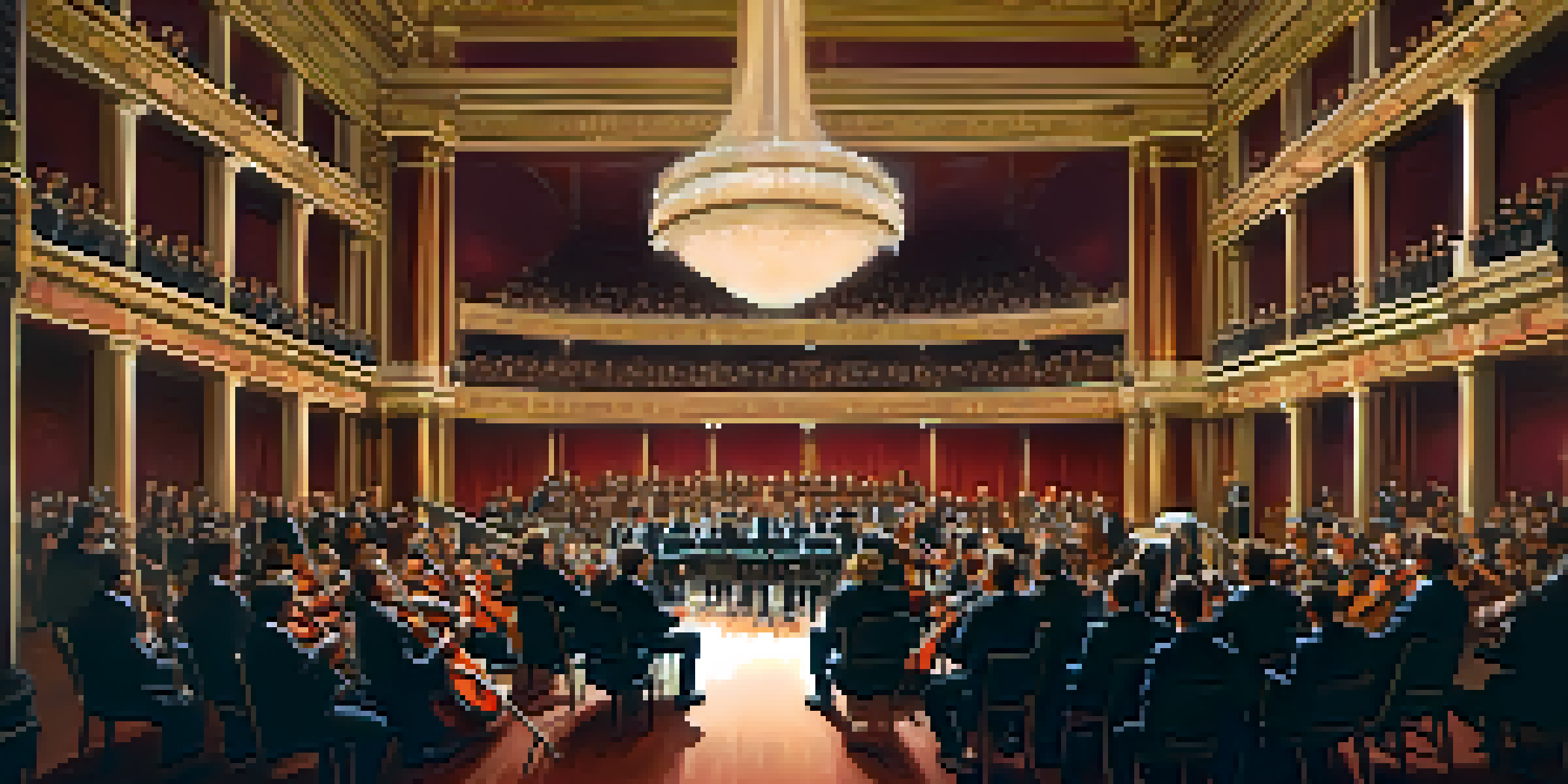 An orchestra performing in a grand concert hall with warm lighting, showcasing musicians in formal attire playing various instruments.