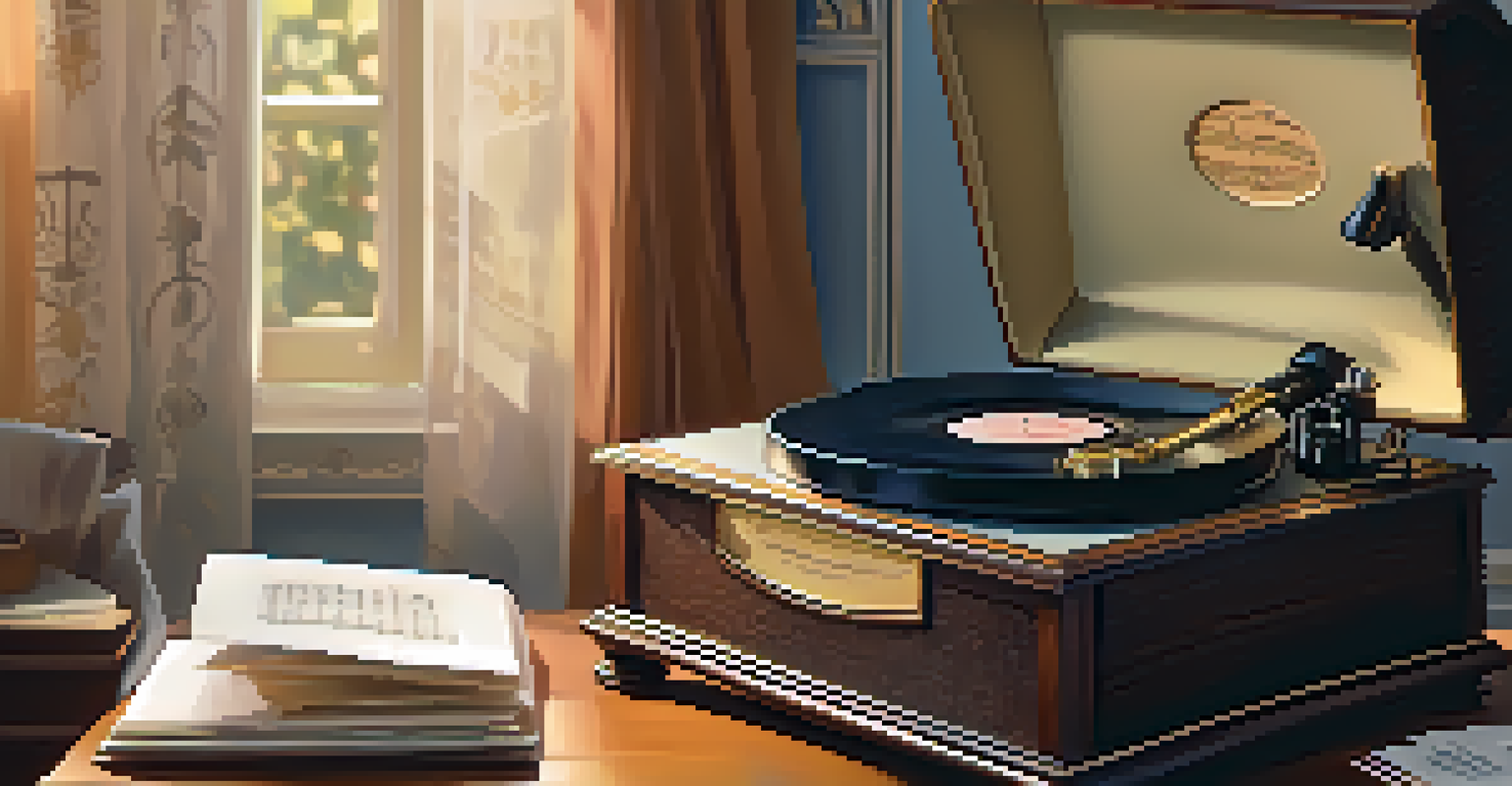 Close-up of a vintage phonograph playing a record with warm lighting and sheets of music in the background.
