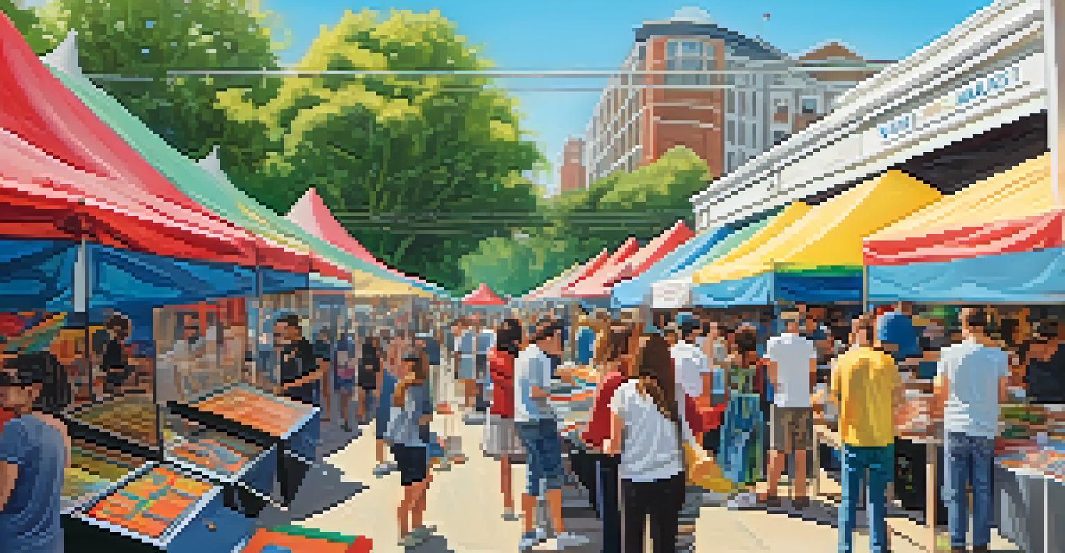A lively outdoor pop-up market featuring stalls with vinyl records and music merchandise, bustling with diverse visitors under sunny skies.
