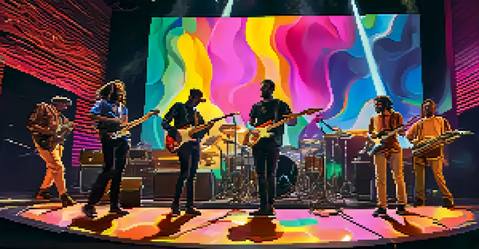 A lively concert scene with musicians on stage and colorful AI-generated visuals in the background, showcasing an engaged audience.