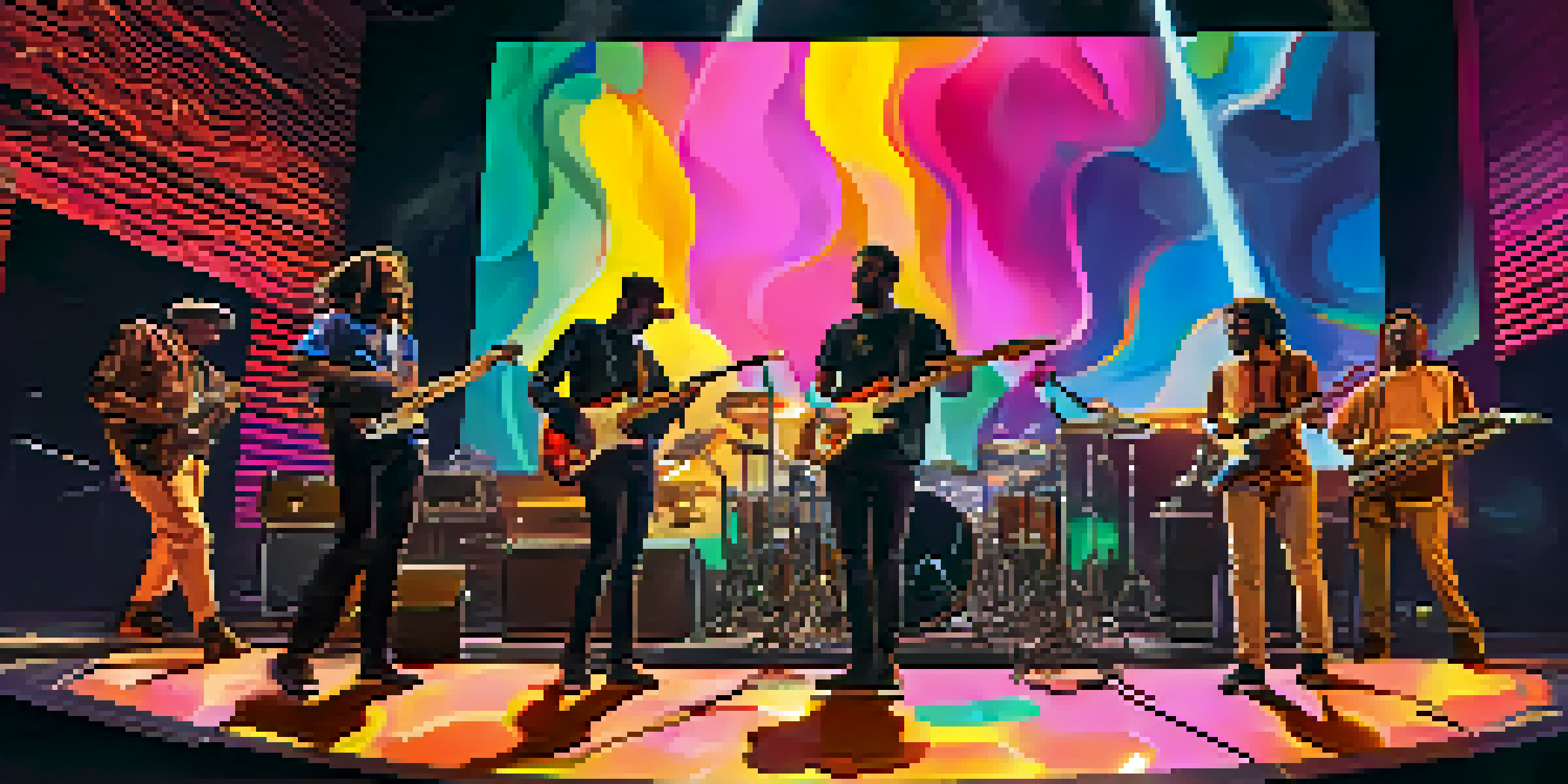 A lively concert scene with musicians on stage and colorful AI-generated visuals in the background, showcasing an engaged audience.