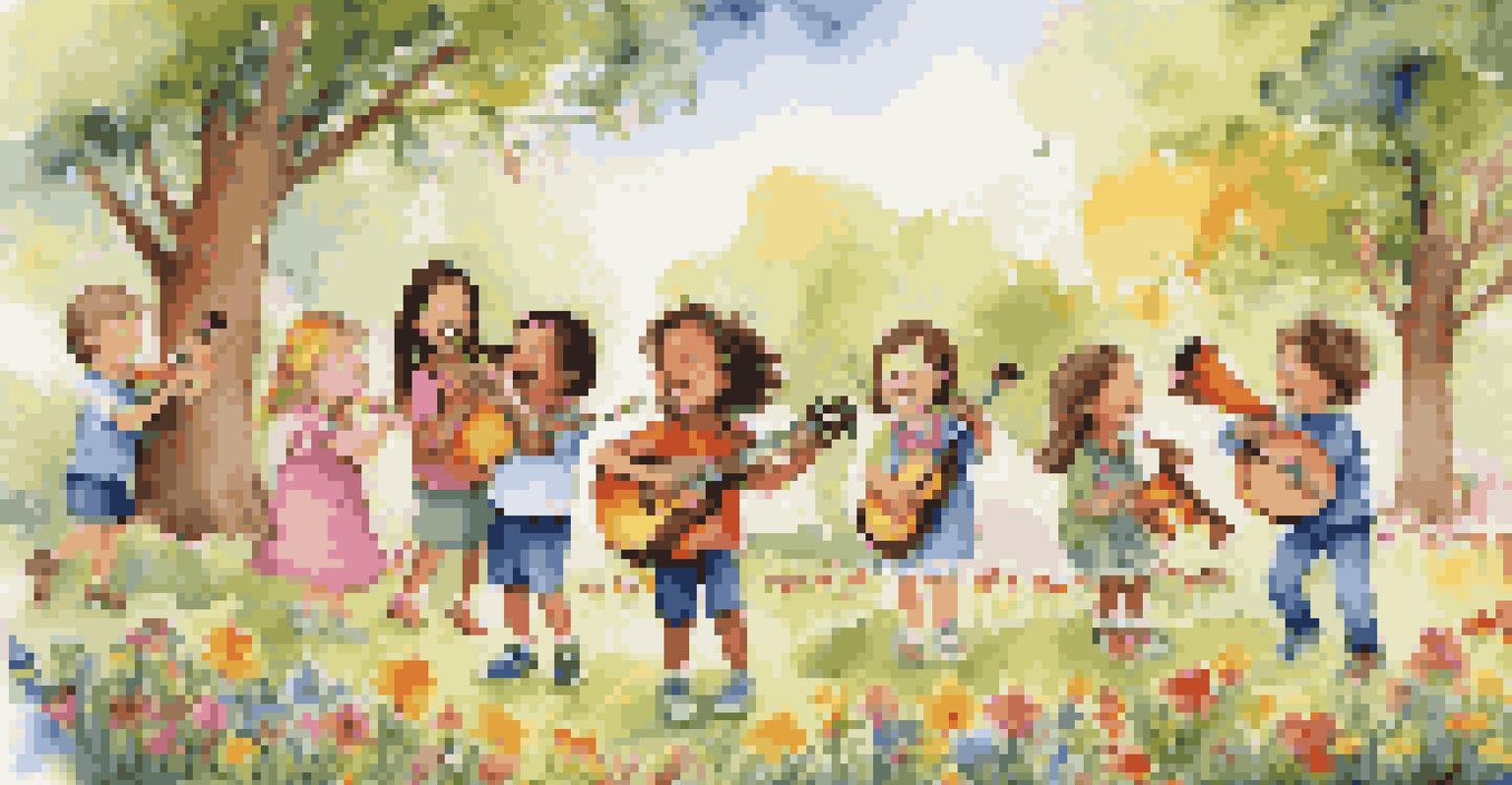 A lively group of children singing and playing instruments in a bright park, surrounded by flowers and trees.