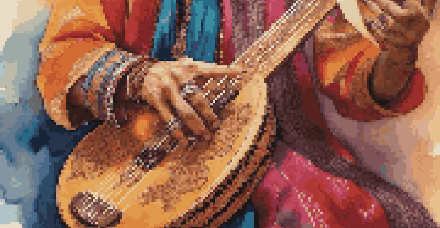 A close-up of a hand playing a traditional instrument at a colorful cultural festival.