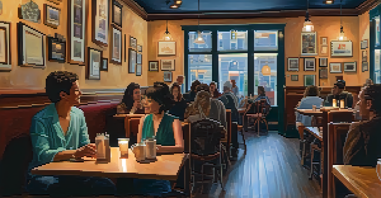 A cozy café scene with a singer-songwriter performing for an attentive audience, surrounded by local art and warm lighting.