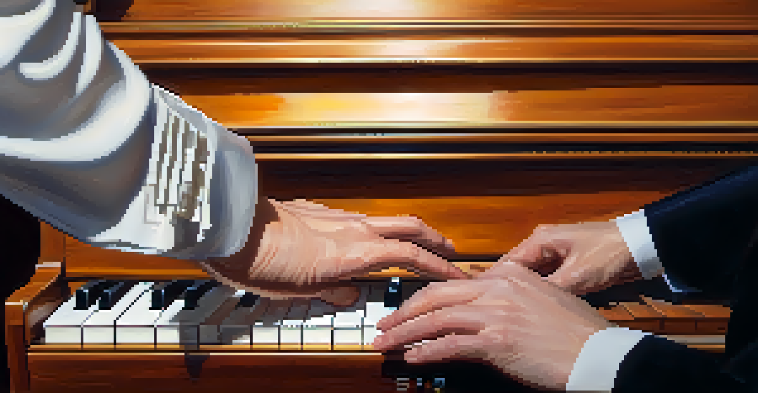 Close-up of a musician's hands playing a piano, with sheet music and a metronome, illuminated by soft warm lighting.