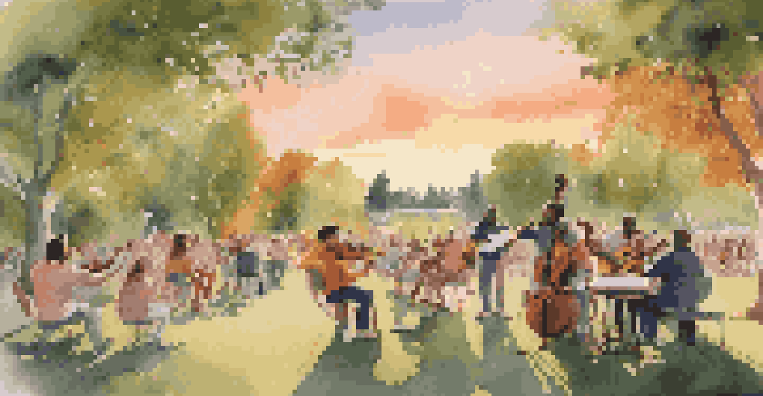 Musicians jamming together in a park during sunset with an audience enjoying the performance.
