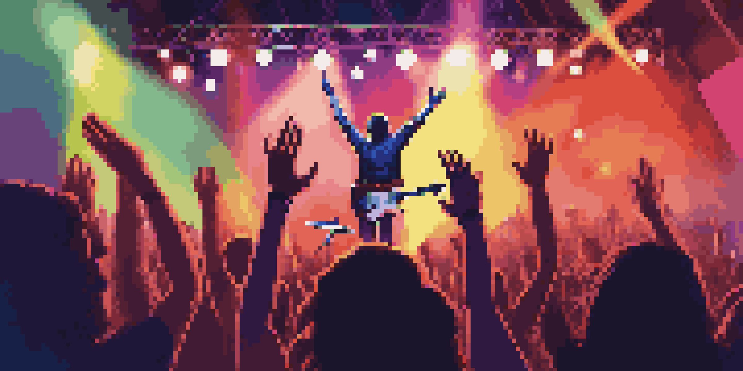A lively indie rock band performing on stage with colorful lights and an enthusiastic audience.