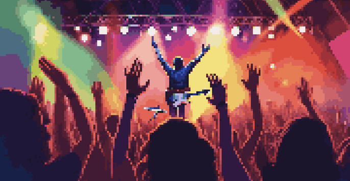 A lively indie rock band performing on stage with colorful lights and an enthusiastic audience.