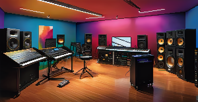 A colorful music studio with a mixing console, synthesizers, and speakers, illuminated by warm lighting.