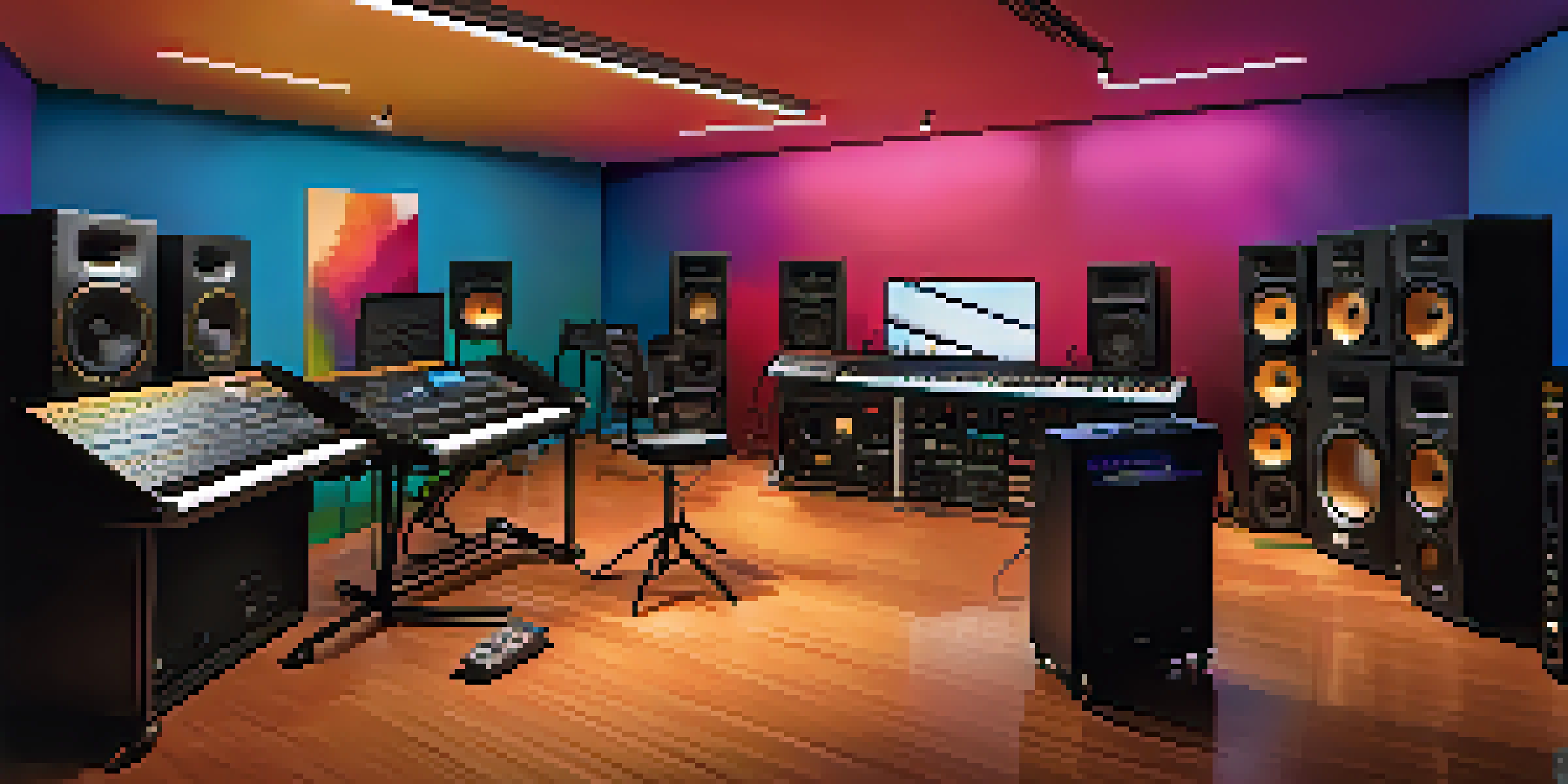 A colorful music studio with a mixing console, synthesizers, and speakers, illuminated by warm lighting.