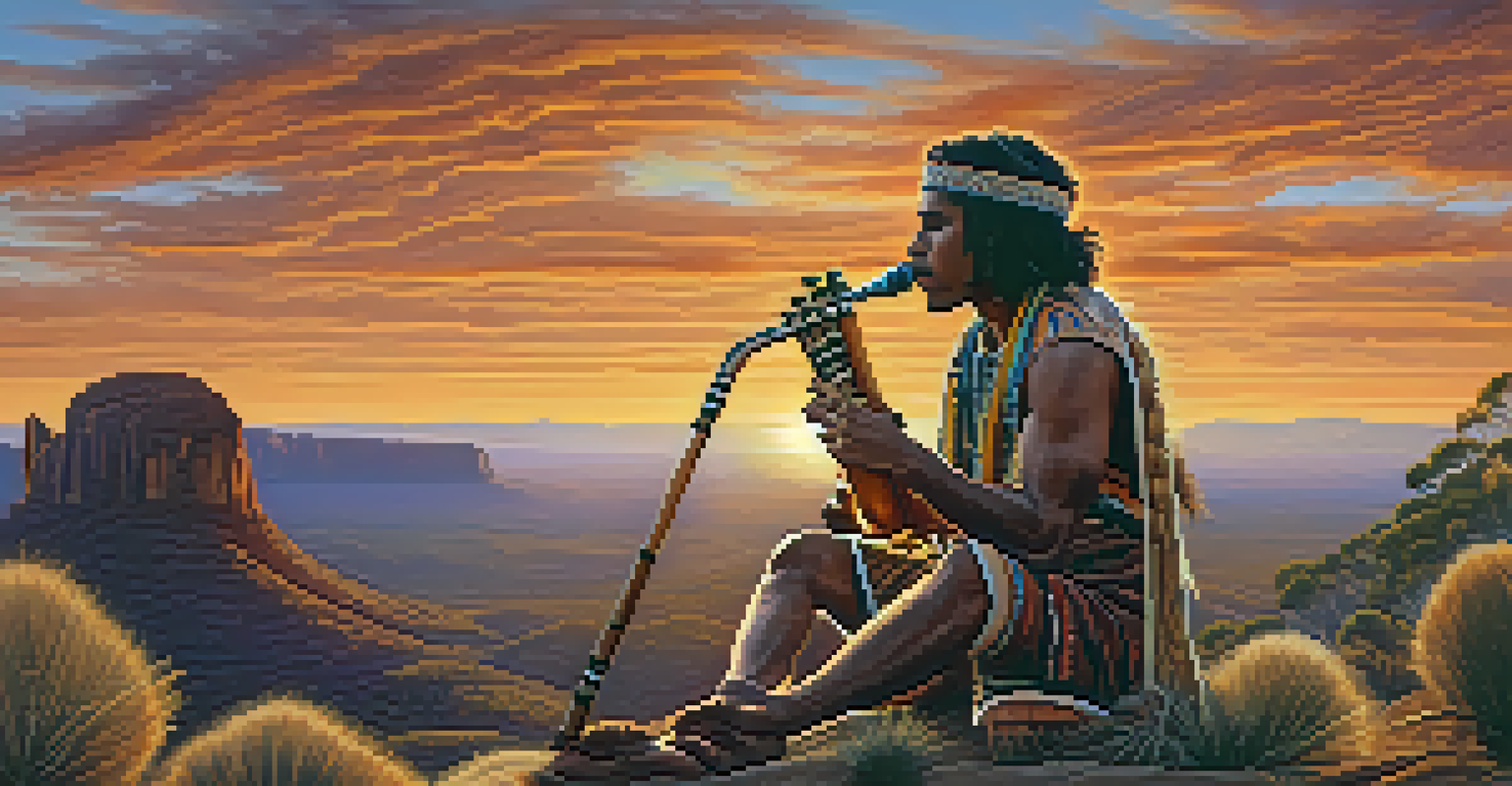 An Indigenous Australian musician playing a didgeridoo in a rugged landscape during sunset, showcasing traditional clothing and natural elements.