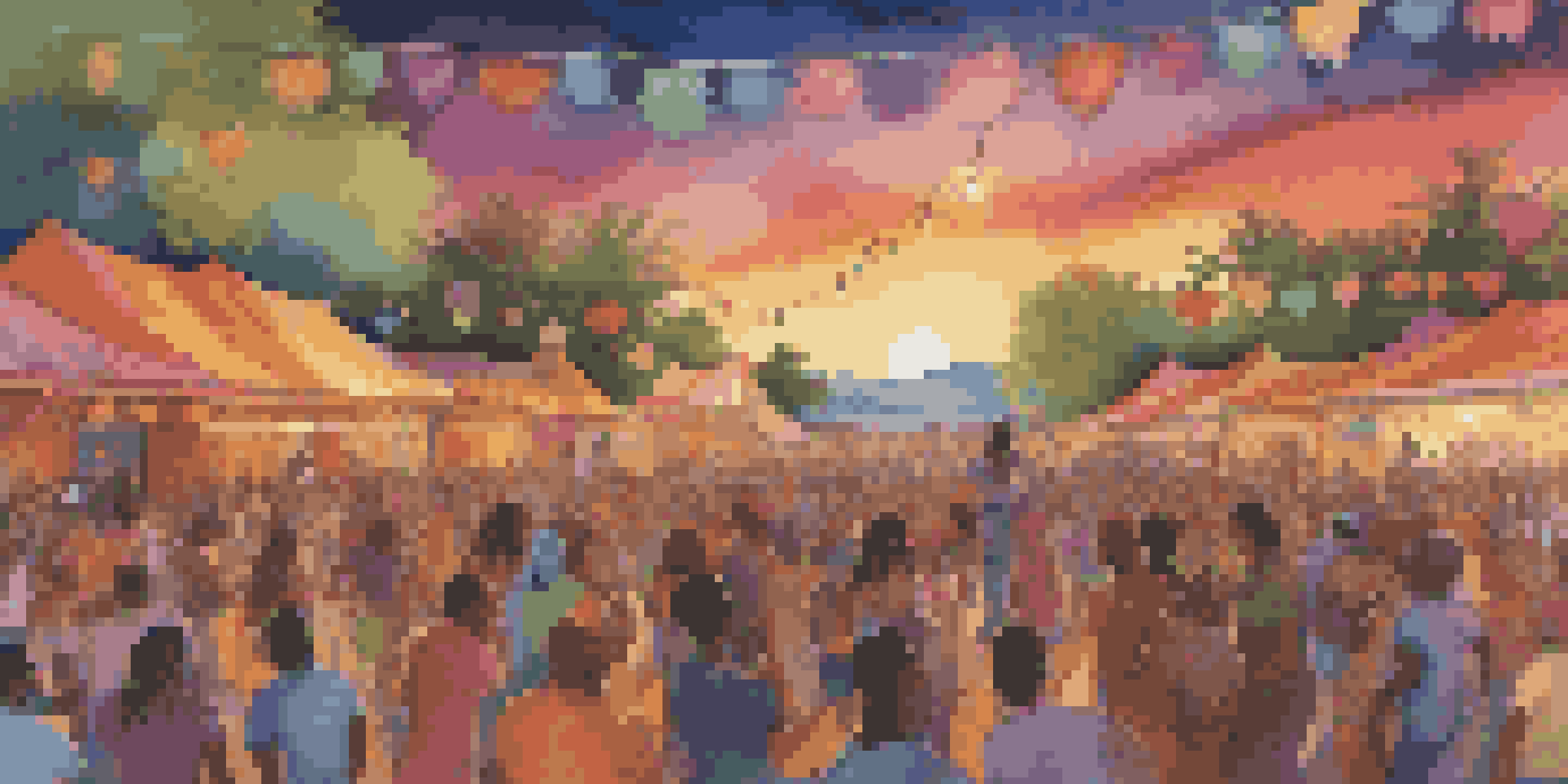 A lively outdoor music festival with diverse musicians on stage and an energetic crowd dancing under a colorful sunset.