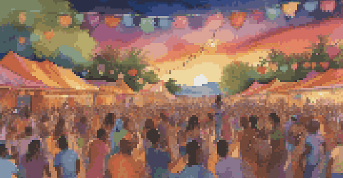 A lively outdoor music festival with diverse musicians on stage and an energetic crowd dancing under a colorful sunset.