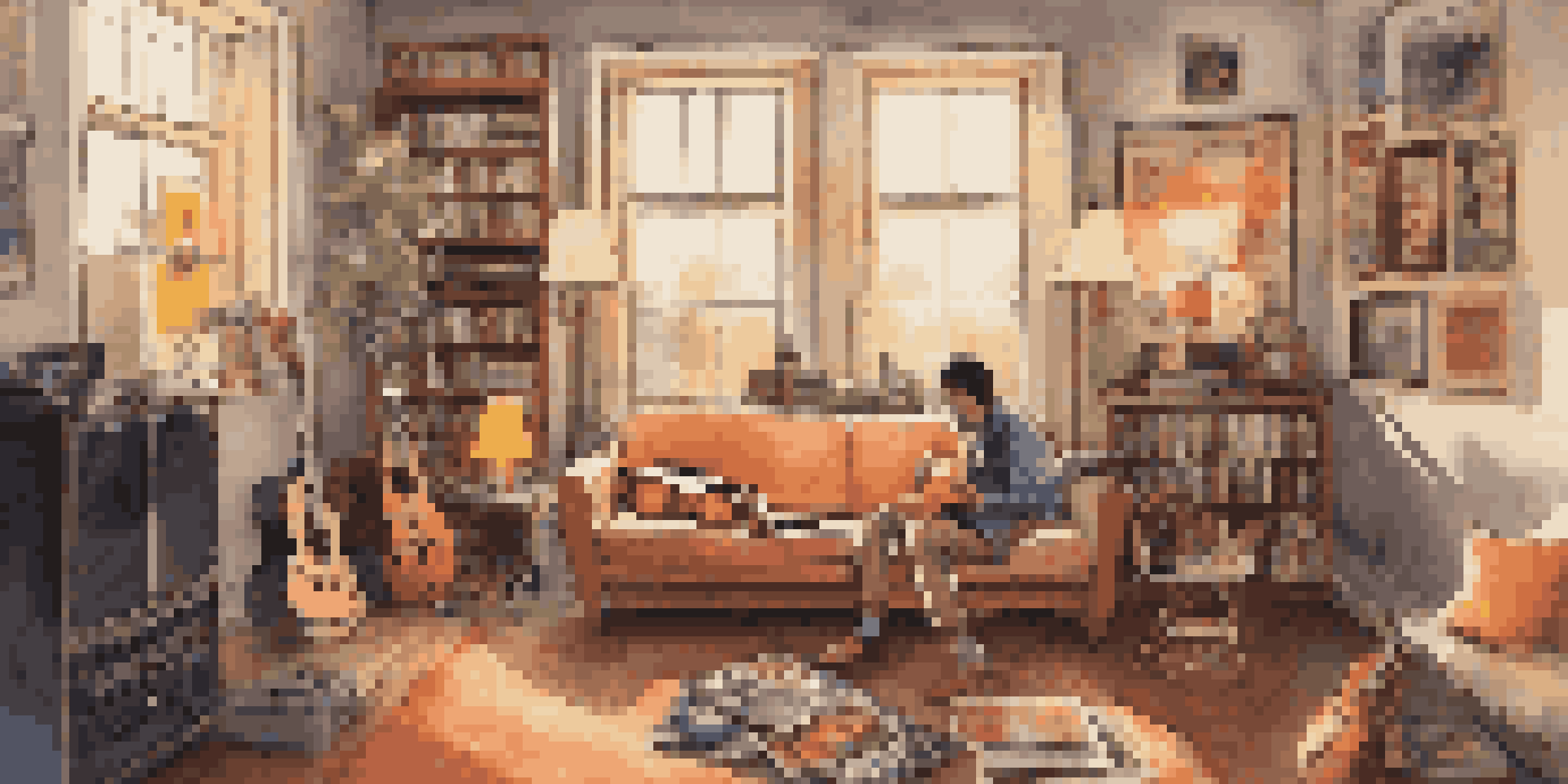 A person relaxing in a cozy living room with musical instruments and vibrant vinyl records.