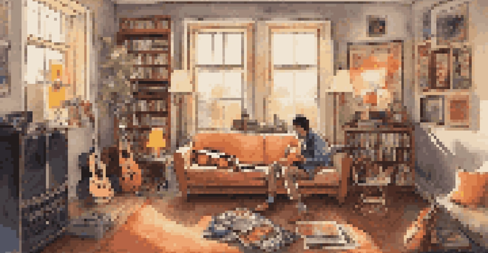 A person relaxing in a cozy living room with musical instruments and vibrant vinyl records.