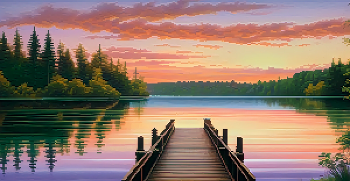 A tranquil lakeside scene during sunset with a wooden dock and colorful reflections in the water.