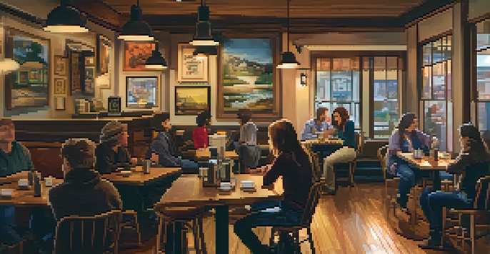 A singer-songwriter performing in a cozy coffee shop with warm lighting, engaged audience, and local artwork on the walls.
