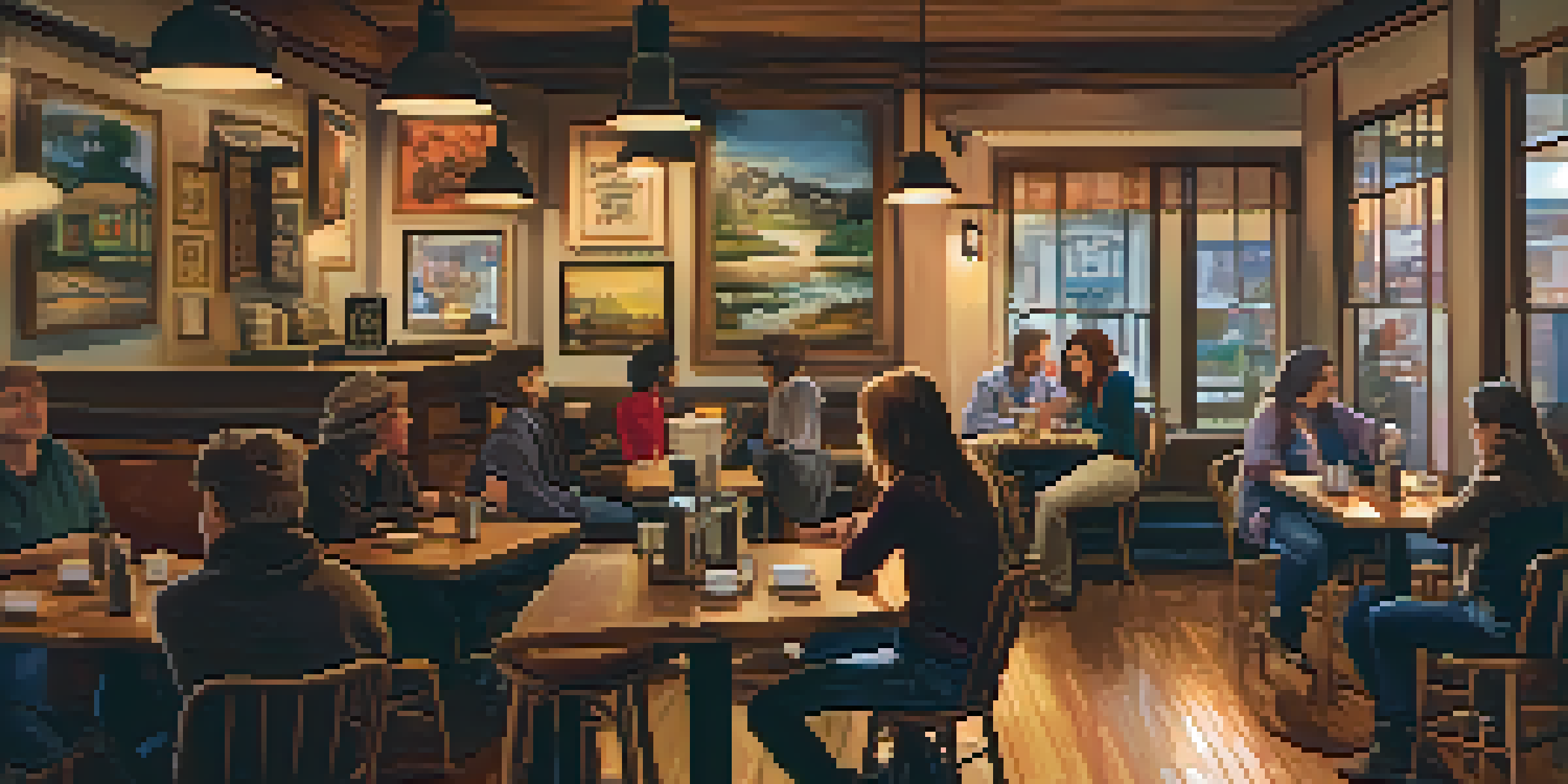 A singer-songwriter performing in a cozy coffee shop with warm lighting, engaged audience, and local artwork on the walls.