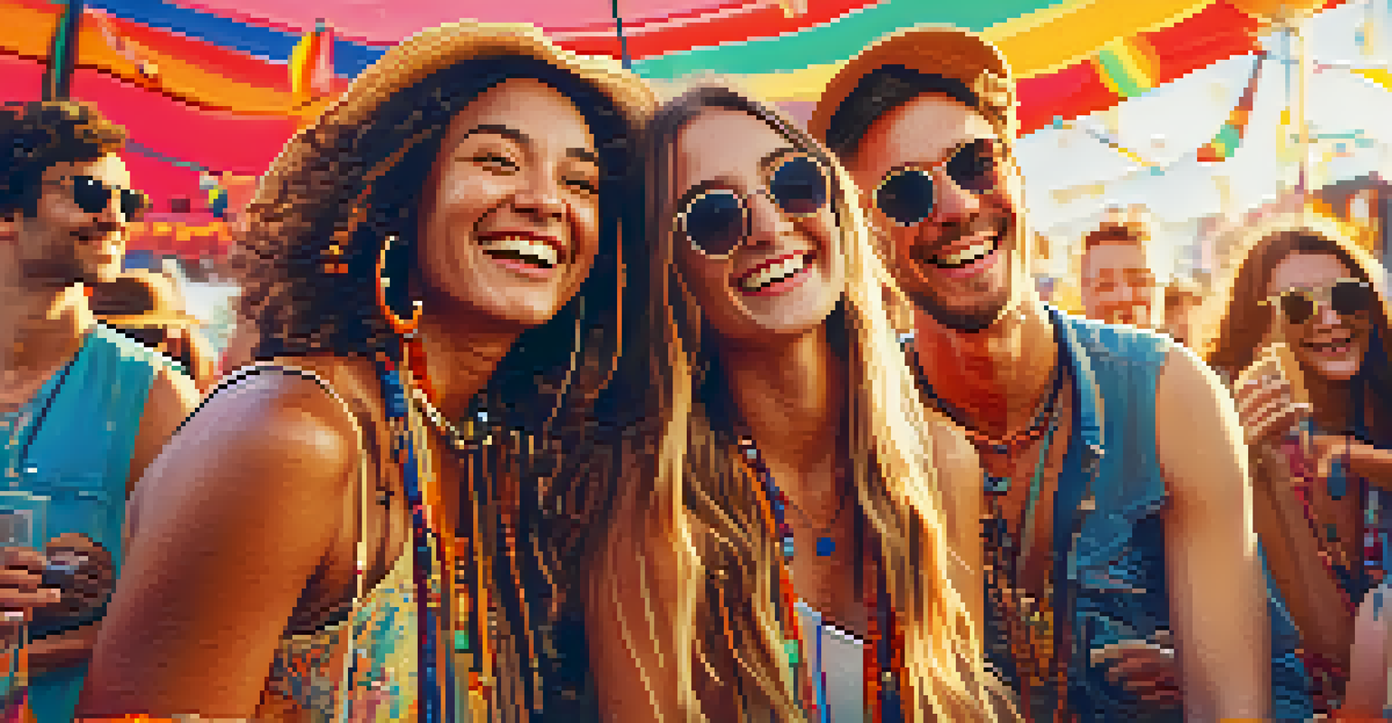 A group of friends at a vibrant music festival, laughing together with colorful decorations and art installations in the background.
