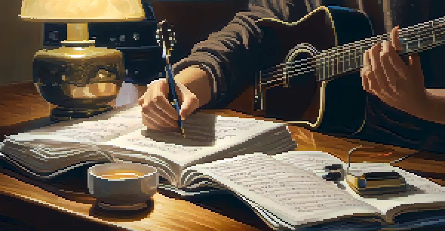 A close-up of a person writing song lyrics in a notebook, with a guitar and a cup of tea nearby, in a cozy, softly lit environment.