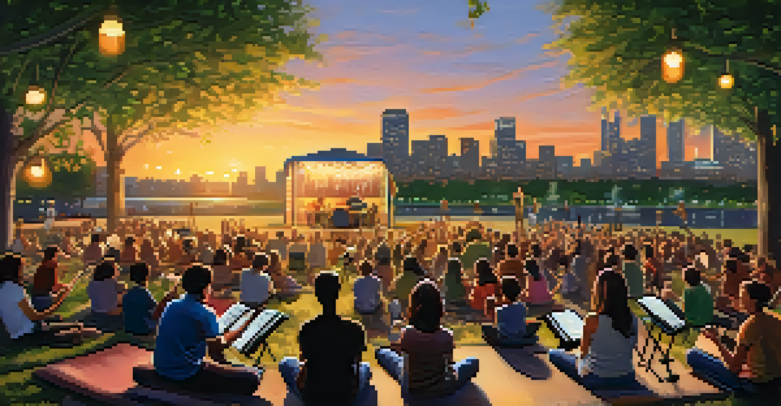 An outdoor concert in a park with a youth band performing, surrounded by families enjoying the music under a sunset skyline.