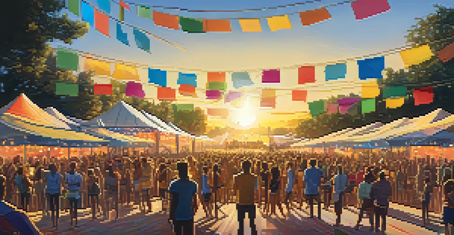 A lively outdoor music festival at sunset, featuring a stage with solar panels and attendees enjoying the performances amid colorful decorations.