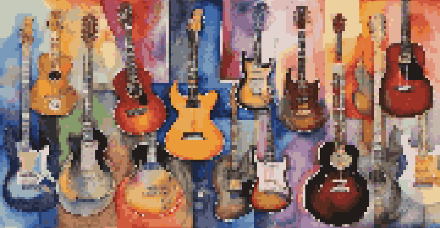 An abstract image featuring musical symbols like guitars and pianos, each represented with vibrant colors and patterns to symbolize different music genres.